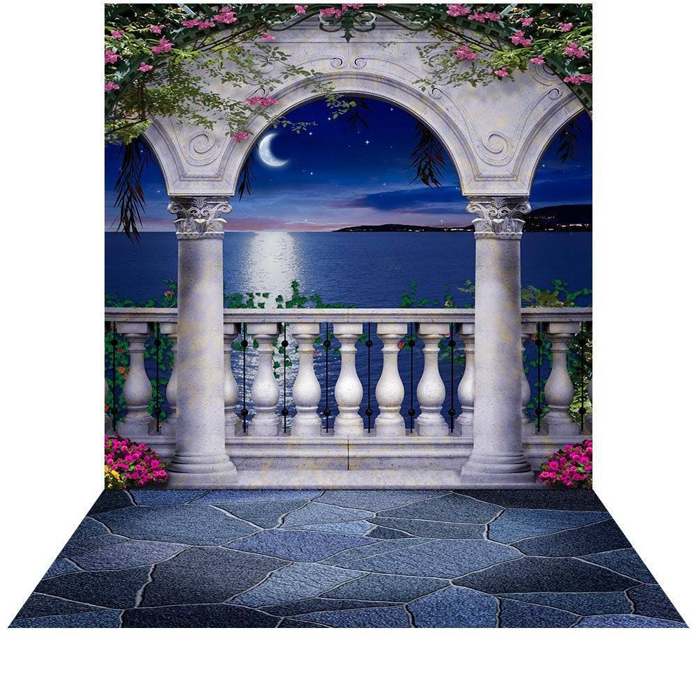 Mediterranean Magic Backdrop, Romantic Seaside Prom Dance Party Decor, Wedding, Special Occasion, Ocean View King's Court Balcony Backdrop - Pro 9 x 16