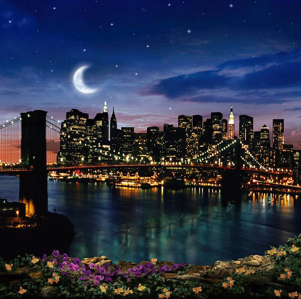 New York Brooklyn Bridge at Night Photo Backdrop - Pro 10  x 10  