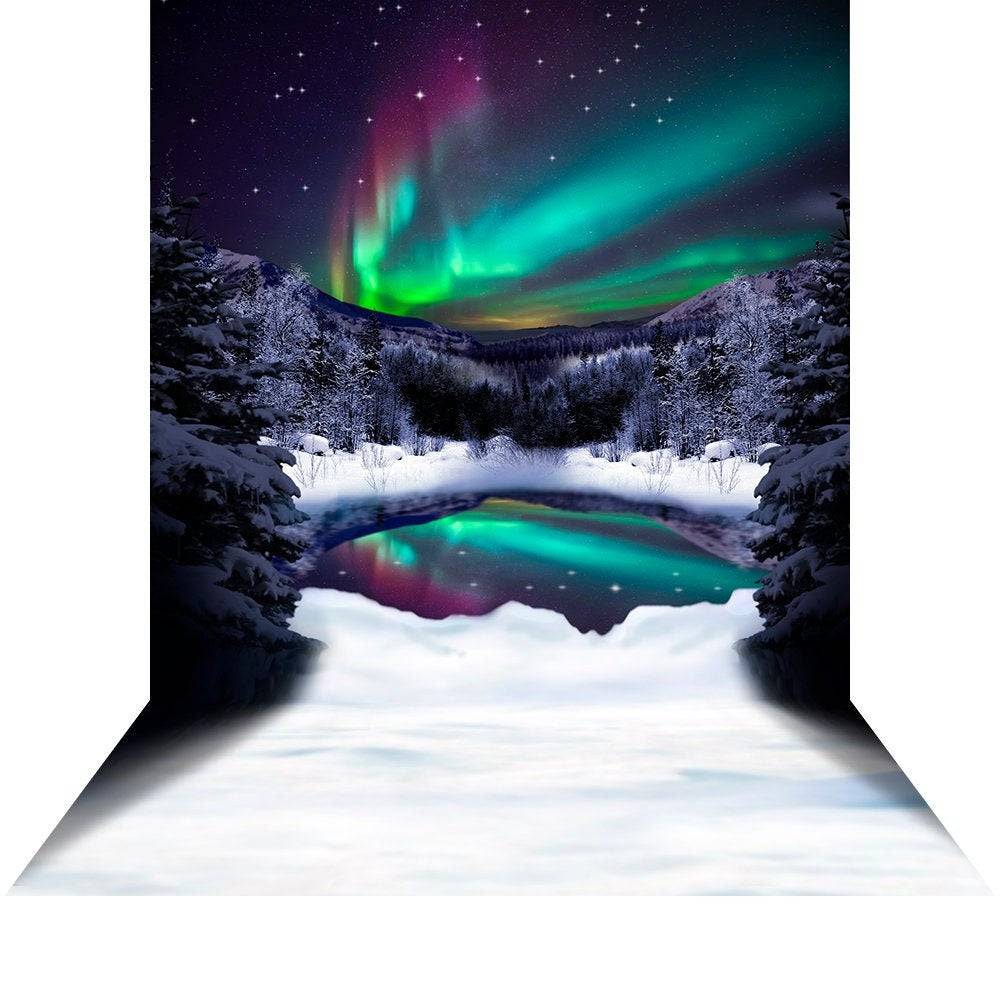 Northern Lights Aurora Borealis Holiday Decorations, Photo Backdrop, North Pole Winter Snow for Santa Claus on Christmas & New Year's Eve - Pro 9 x 16