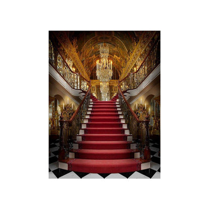 Palace Backdrop, Red and Gold Homecoming Photo Backdrop, School Dance Party, Red Carpet, Chandeliers, Staircase Ballroom - Basic 4.4 x 5