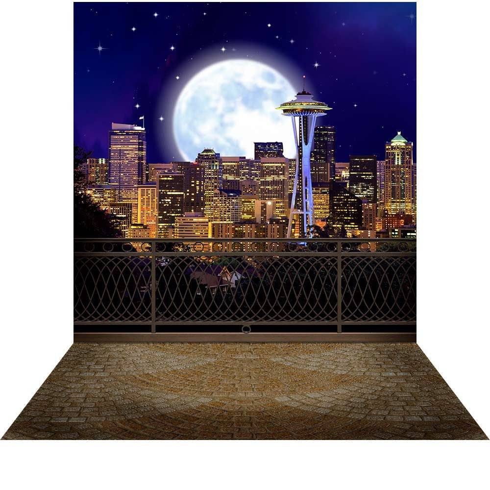 Seattle Skyline at Night Photo Backdrop - Basic 8  x 16  
