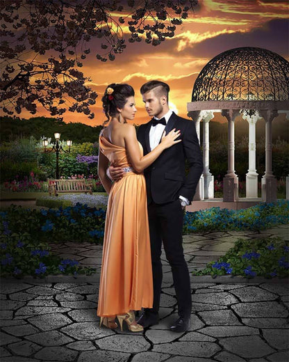 Twilight Gazebo Garden Backdrop, Prom Dance Party Decor, Engagements, Weddings, Sunset Stone Path Photo Backdrop for Parties, Events, Venues - Basic 4.4 x 5