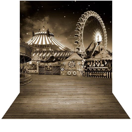 Sepia Toned Vintage Amusement Park Photo Backdrop
