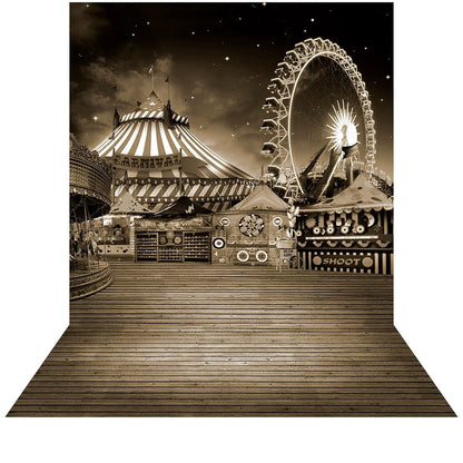 Grayscale Vintage Amusement Park Photo Backdrop - Pro 10  x 20  