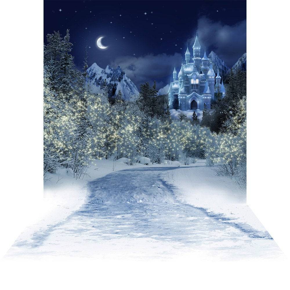 Winter Castle Christmas Backdrop with Snow & Lights, a Holiday Backdrop for Winter Decorations - Photo Backdrop by AlbaBackgrounds - Pro 9 x 16