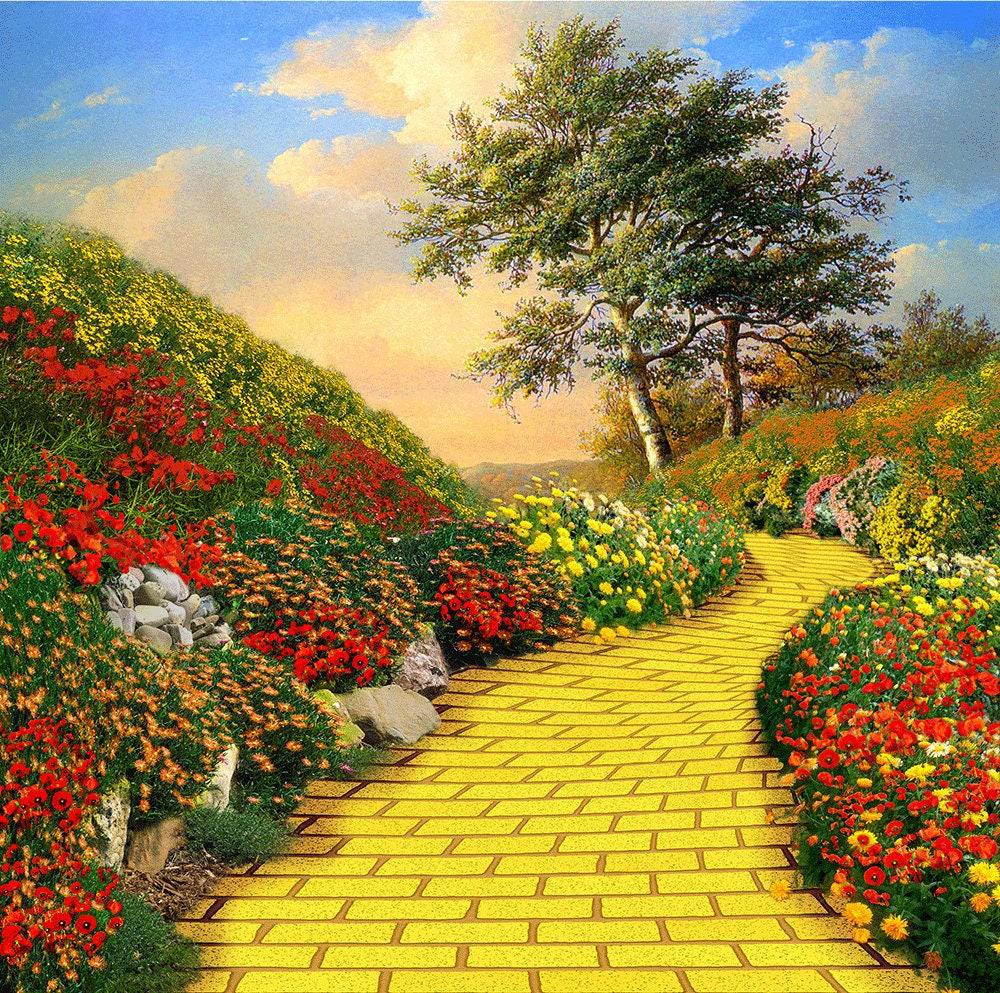 Premium AI Image  A close up of a yellow brick road with trees in